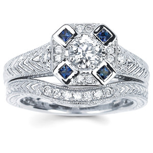 Engaging Yaffie Diamonds White Gold Ring with 2/5ct TDW Diamonds and Blue Sapphires
