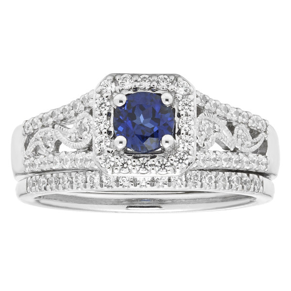 White Gold Bridal Set with 3/4ct Diamond and Sapphire by Yaffie Diamonds.
