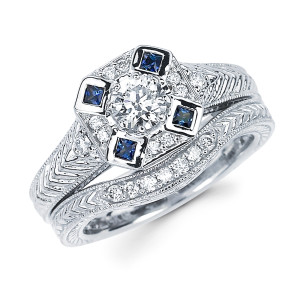 Diamonds White Gold 3/5ct TDW Diamond and Blue Sapphire Bridal Ring Set - Custom Made By Yaffie™