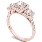 Three-Stone Engagement Ring with a Halo of 1ct TDW Yaffie Gold Diamonds