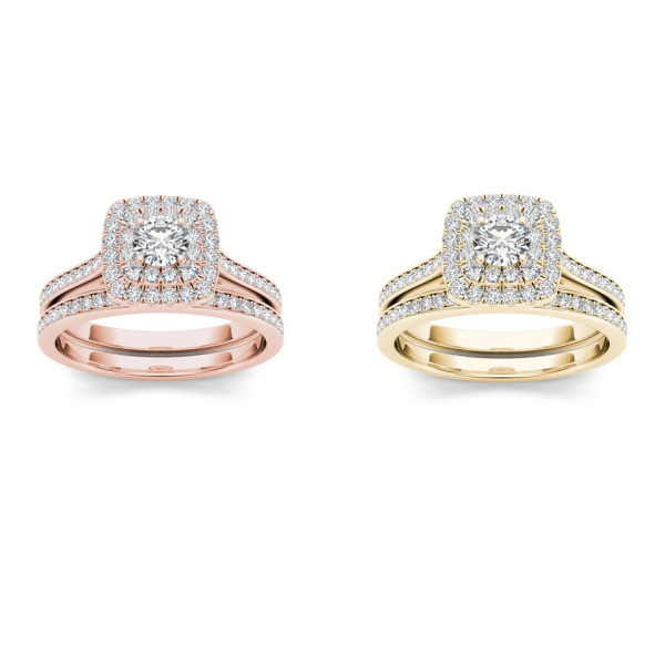 Golden Yaffie Set: Sparkling 3/4 Carat Diamond Halo Engagement Ring
