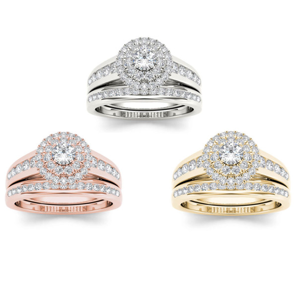 Gold Double Halo Engagement Ring Set with 7/8ct TDW Diamonds by Yaffie
