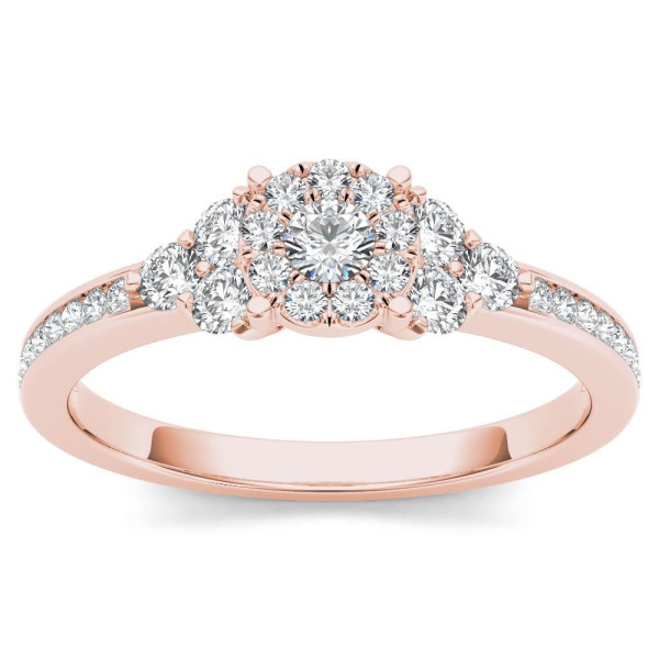 Glimmering Yaffie Rose Gold Engagement Ring with Three Diamond Sparklers and Halo Design.