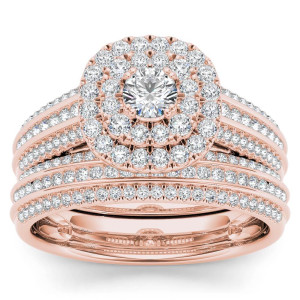 Rose Gold Double Engagement Ring with 1ct TDW Diamonds and Single Band by Yaffie