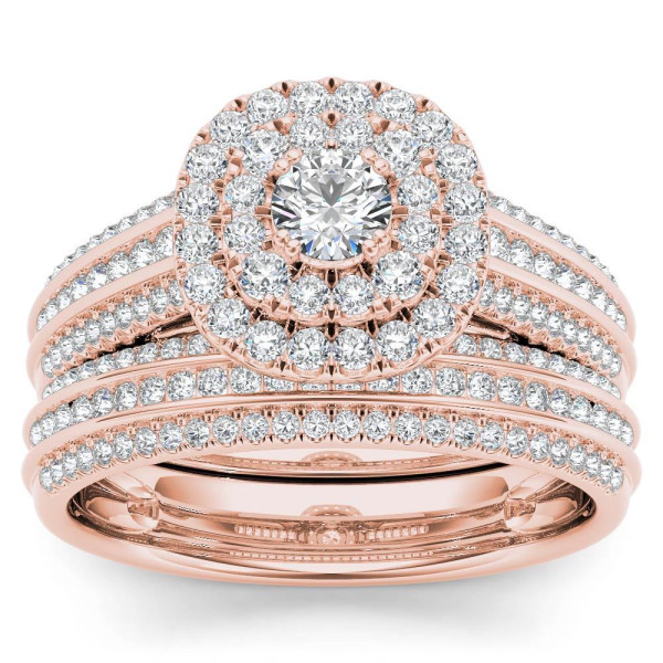Rose Gold Double Engagement Ring with 1ct TDW Diamonds and Single Band by Yaffie