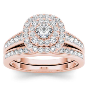 Yaffie Rose Gold Double Halo Engagement Ring Set, Featuring 1ct TDW of Dazzling Diamonds and One Beautiful Band.
