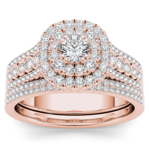 Rose Gold Double Halo Engagement Ring and Band Set with 1ct TDW Diamonds by Yaffie.