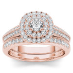 Rose Gold Diamond Double Halo Engagement Ring and Band Set - Yaffie 7/8ct TDW
