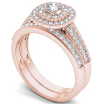 Rose Gold Diamond Double Halo Engagement Ring and Band Set - Yaffie 7/8ct TDW