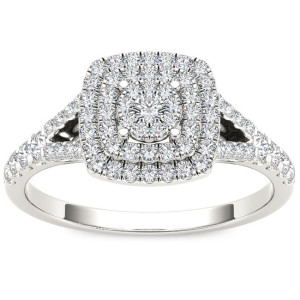 White Gold 1/2ct TDW Diamond Cushion Shape Double Halo Engagement Ring by Yaffie