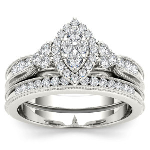 White Gold 1/2ct TDW Diamond Marquise-framed Halo Engagement Ring Set - Custom Made By Yaffie™