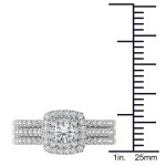 Double Halo Trilogy Engagement Ring Set in Cushion Shape with 1ct TDW Diamond - Yaffie White Gold