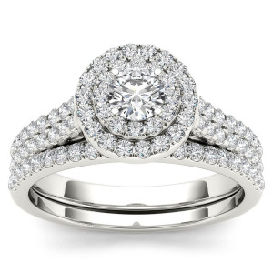 White Gold Double Halo Bridal Set with 1 Carat of Sparkling Diamonds by Yaffie