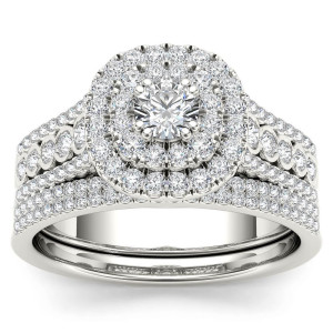 Double Halo Diamond Engagement Set with White Gold Band and 1ct TDW