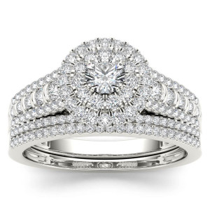 Yaffie 1ct TDW Diamond Double Halo Engagement Ring Set with Band (White Gold)