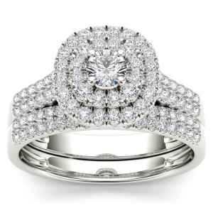 Double Halo Diamond Engagement Ring Set in White Gold with 1ct TDW and Matching Band by Yaffie