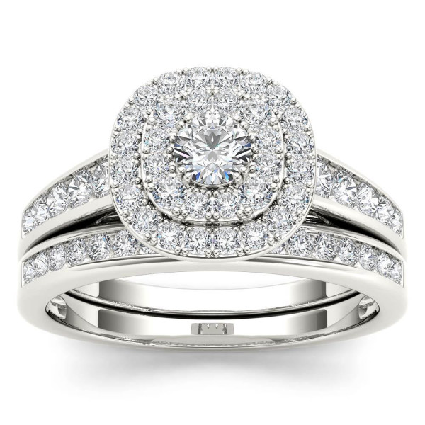 Double Halo Diamond Engagement Ring Set in White Gold with 1ct TDW and Matching Band by Yaffie