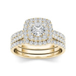 Sparkling Yaffie Gold Diamond Halo Engagement Ring Set- 1 1/2 ct TDW
