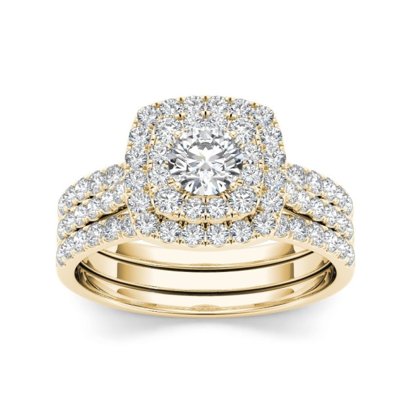 Golden Yaffie Diamond Engagement Ring Set with 1 1/2 CT Total Diamond Weight and Halo Design