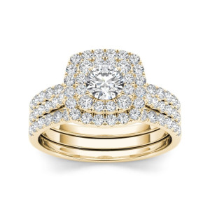 Sparkling Yaffie Gold Diamond Halo Engagement Ring Set- 1 1/2 ct TDW