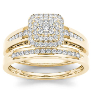 Golden Yaffie Bridal Set with a Cluster of Sparkling Diamond Halos - 1/3ct TDW