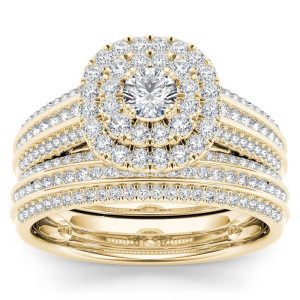 Gold 1ct TDW Diamond Double Engagement Ring with One Band - Custom Made By Yaffie™