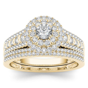 Double the Glitz: Yaffie Gold Diamond Engagement Ring Twin Halo Set with Matching Band - 1ct TDW