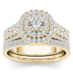 Double the Sparkle: Yaffie Gold 1ct TDW Diamond Halo Engagement Ring and Matching Band