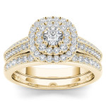 Gold 7/8ct TDW Diamond Double Halo Engagement Ring Set with One Band - Custom Made By Yaffie™