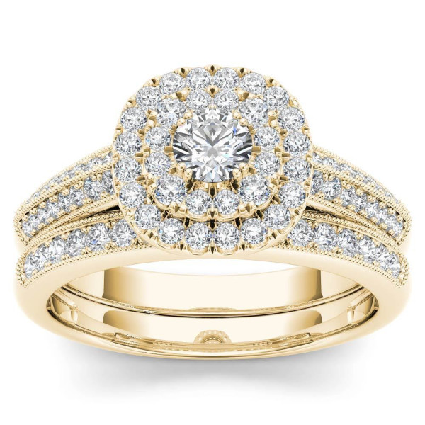 Gold 7/8ct TDW Diamond Double Halo Engagement Ring Set with One Band - Custom Made By Yaffie™