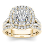 Golden Yaffie Bridal Set with Double Halo and 2ct Total Diamond Weight