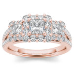 Three-Stone Halo Engagement Ring in Yaffie Rose Gold with 1 1/2ct Total Diamond Weight