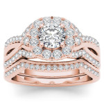 Rose Gold Diamond Halo Engagement Ring Set with Matching Band - 1.25ct TDW