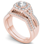 Rose Gold Diamond Halo Engagement Ring Set with 1 1/4ct TDW and Complementing Band by Yaffie