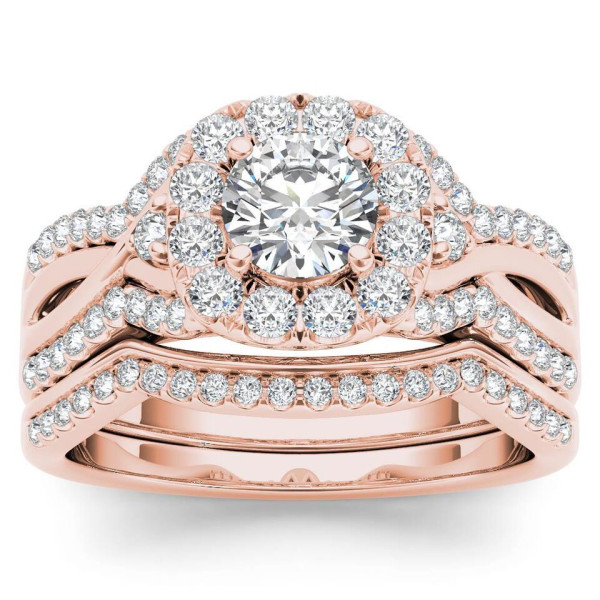 Rose Gold Diamond Halo Engagement Ring Set with 1 1/4ct TDW and Complementing Band by Yaffie