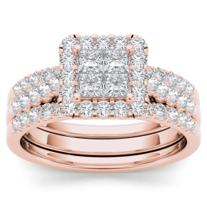 Yaffie Radiant 1.25ct TDW Rose Gold Diamond Engagement Ring and Matching Duo Bands