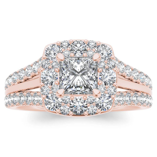 Rose Gold Yaffie Ring with Sparkling Princess-cut Diamond Accented by Halo setting -1 ct TDW