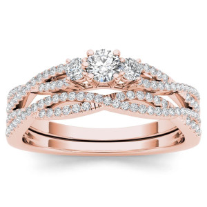 Rose Gold Diamond Anniversary Trio Set with One Band - 1/2ct Total Diamond Weight