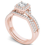 Rose Gold Diamond Halo Engagement Ring Set with Criss-Crossed Band - 1ct TDW