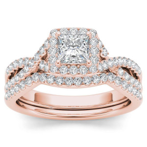 Introducing Yaffie Exquisite Criss-Cross Halo Ring Set intertwined with 1ct TDW Diamond in Rose Gold