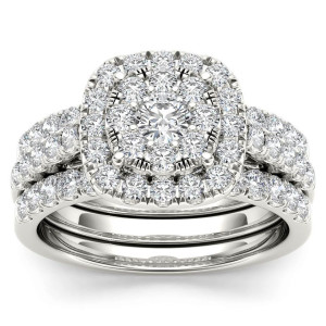 Yaffie White Gold Engagement Ring with 1.5ct TDW Diamond Halo and Two Matching Bands.