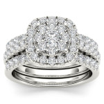 Shine bright with Yaffie White Gold Diamond Halo Engagement Ring Set and Two Bands, totaling 1 1/2ct TDW.