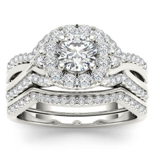 Sparkling Yaffie White Gold Engagement Ring set with Diamond Halo and Matching Band, totaling 1 1/4 carats.
