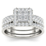Sparkling Yaffie Diamond Halo Engagement Ring Set with Twin Bands in White Gold, featuring 1 1/4ct TDW.