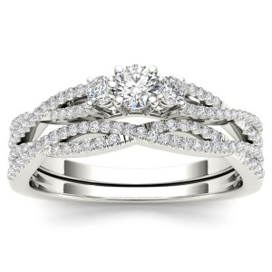 White Gold Diamond Anniversary Ring with 3 Stones and Matching Band, 1/2ct TDW