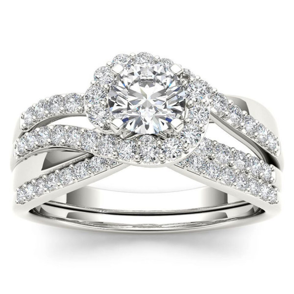 1ct TDW Diamond Bypass Halo Engagement Ring Set with One Band in Yaffie Elegant White Gold