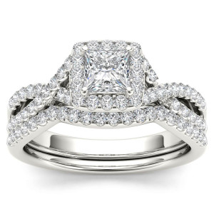 White Gold Diamond Halo Engagement Ring Set with Criss-Cross Design and One Band, Featuring 1ct Total Diamond Weight