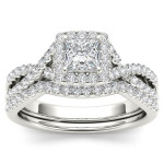 White Gold Diamond Halo Engagement Ring Set with Criss-Cross Design and One Band, Featuring 1ct Total Diamond Weight