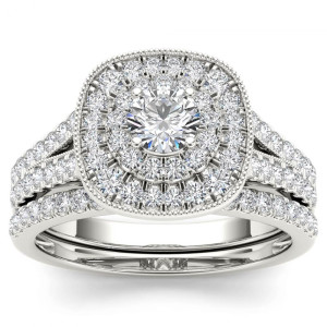 White Gold 3/4ct TDW Diamond Double Halo Bridal Ring Set - Custom Made By Yaffie™