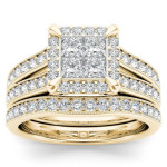 Golden Yaffie Diamond Halo Engagement Ring Set with Single Band, Totaling 1 1/2ct TDW